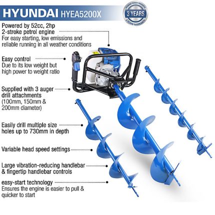 Hyundai 52cc Petrol Earth Auger, Borer and Drill HYEA5200X